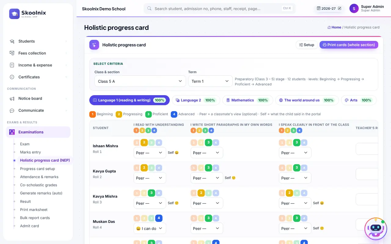Filling the progress card