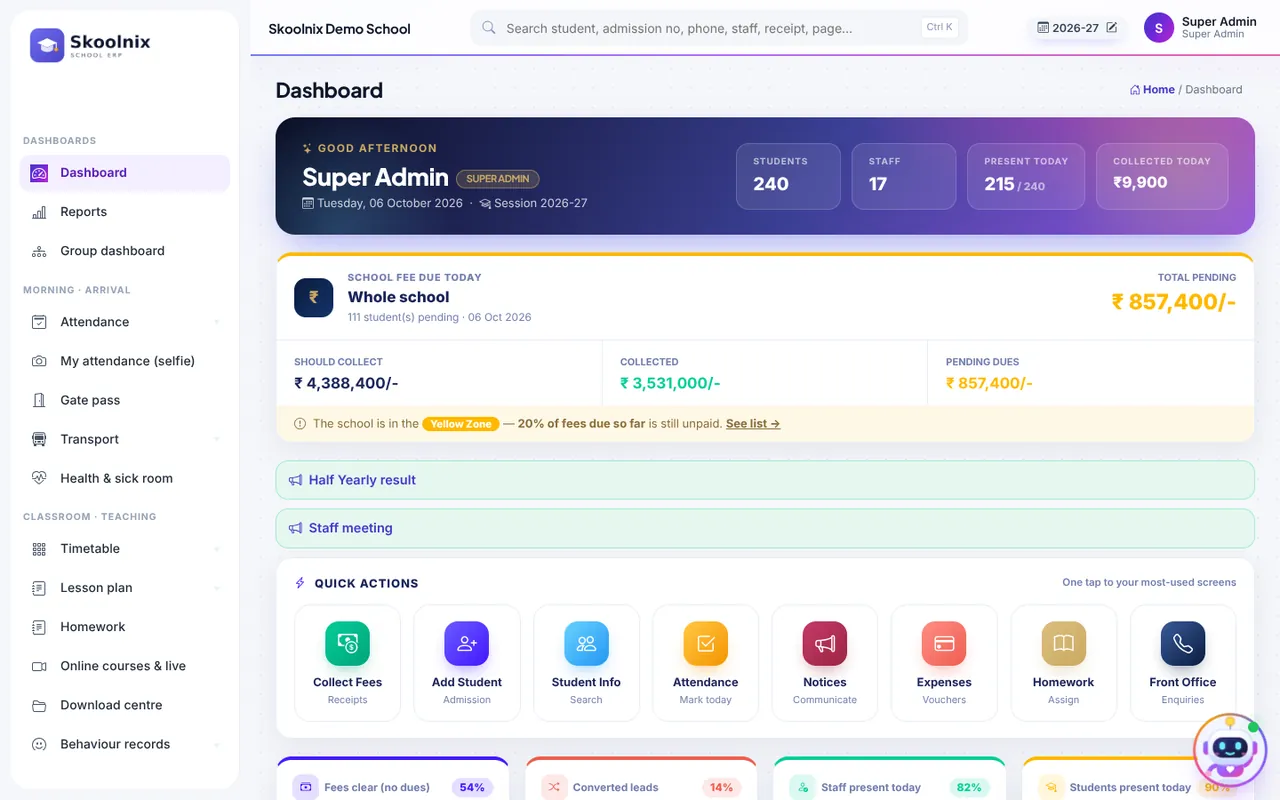Skoolnix dashboard with students, staff, attendance and today's fee collection