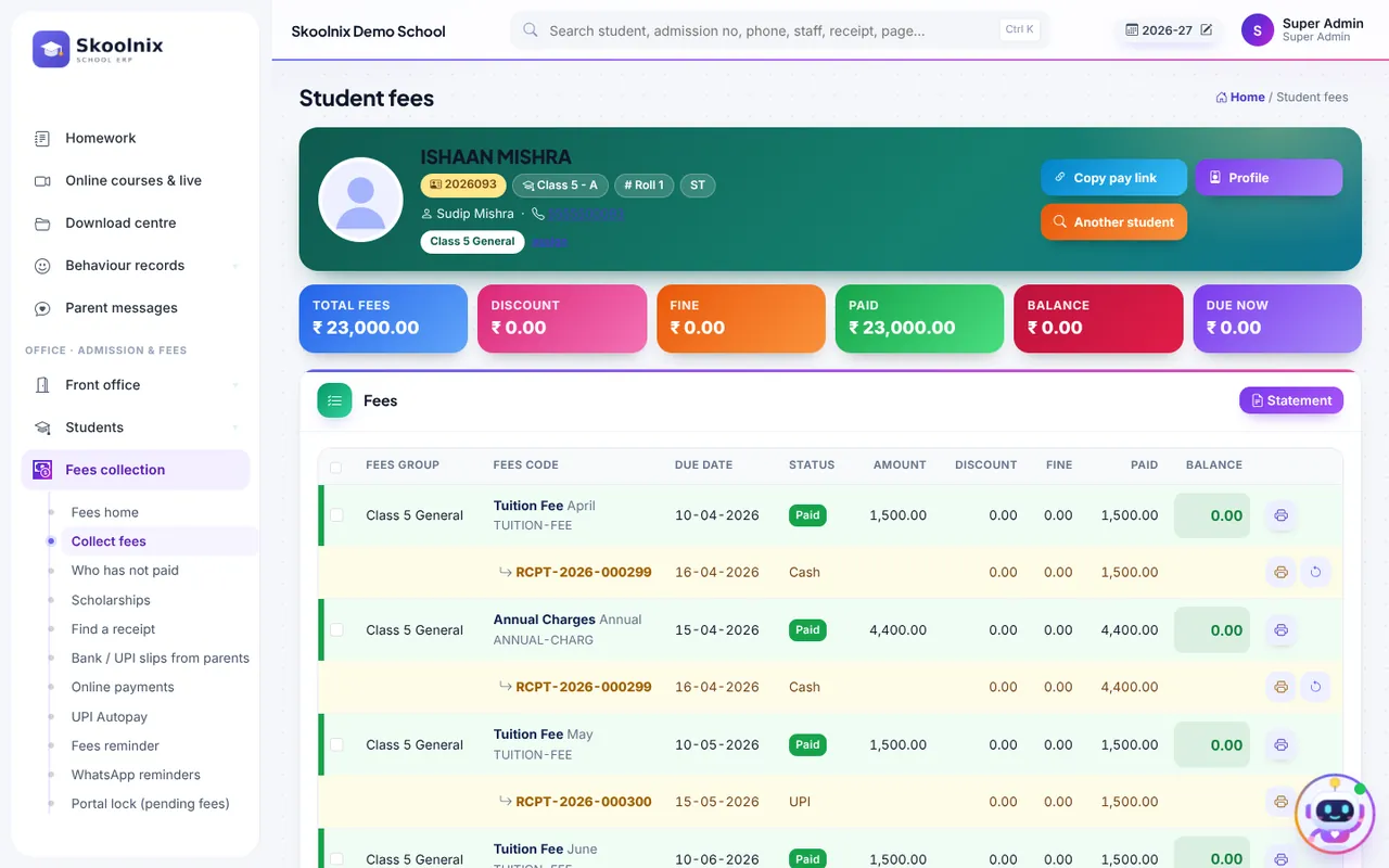 Student fees page with paid, discount, fine and balance