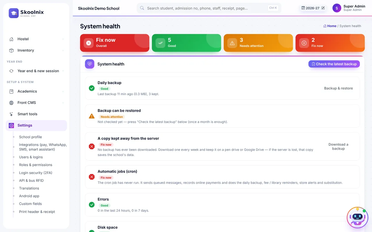 System health with backup, errors, disk and security checks