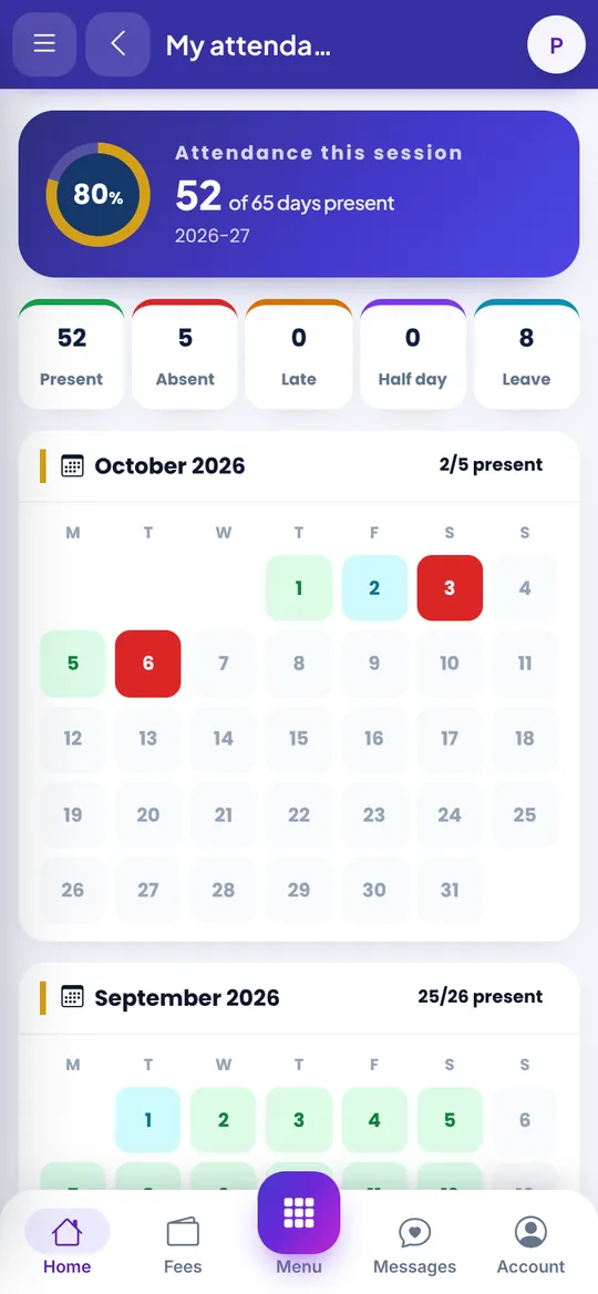 Parent app attendance calendar