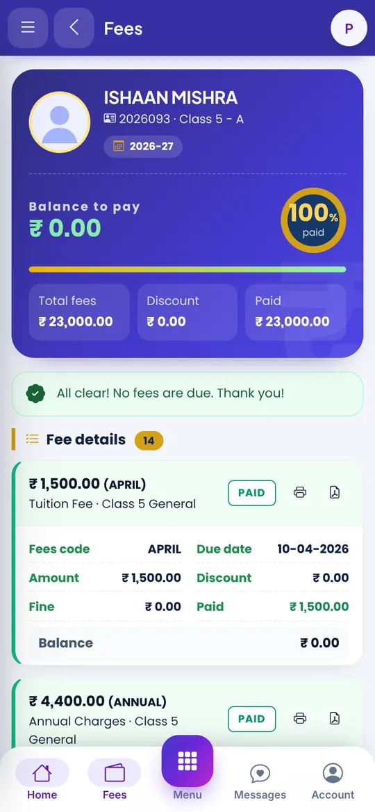 Parent app fees page