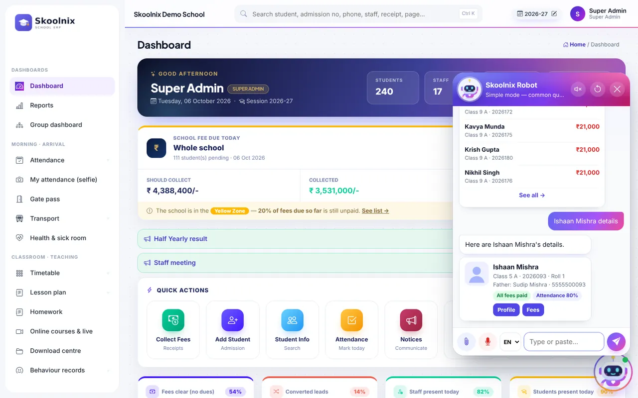 Skoolnix Robot answering who has late fees and showing a student's details