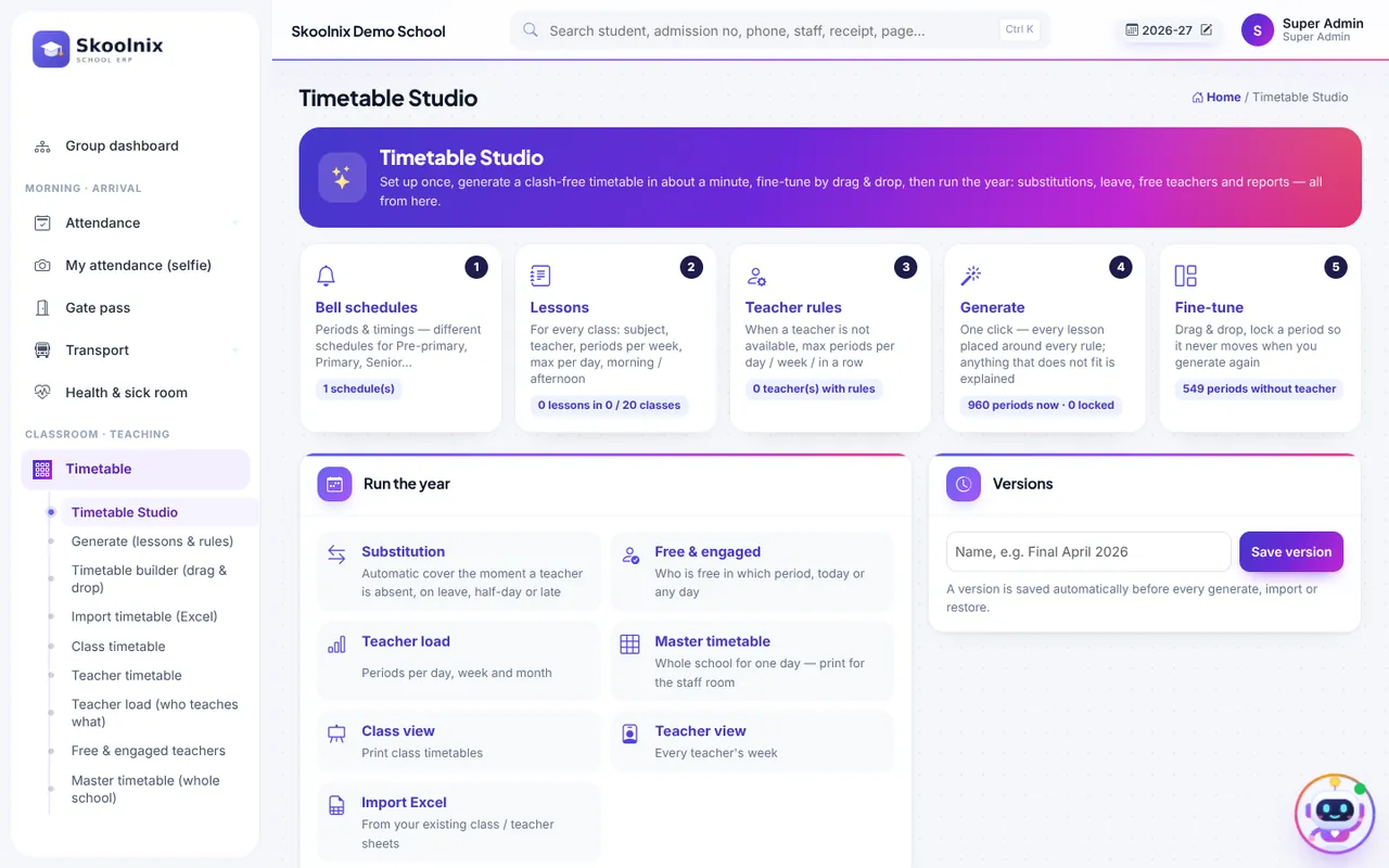 Timetable Studio with bell schedules, lessons, teacher rules and generate